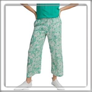 ICHI Pull On Cropped Ankle Pants Green White Floral Print Pockets Size XS